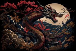 une très détaillé image de puissant dragon montrant leur plein corps, le personnage style volonté représenter Japon ou asiatique. génératif ai illustration de ancien asiatique dragon sur noir Contexte. photo