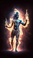 génératif ai hindou Dieu Shiva, coloré Indien hindou Dieu shiva main en portant trident. Dieu shiva épique pose avec Trishula, la magie dans main pour T-shirt imprimer, affiche - hindou religieux art. photo