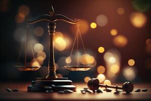 du juge marteau et Balance de Justice avec bokeh Contexte. judiciaire loi concept, génératif ai photo