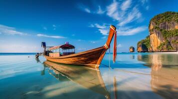 thaïlandais traditionnel en bois longue queue bateau. illustration ai génératif photo