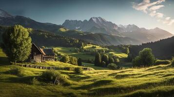 maison dans Montagne prairie. illustration ai génératif photo