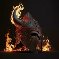 génératif une le fer et cuir viking casque embrasé avec Profond rouge feu, lumière chatoyant. concentrer métal viking guerrier casque avec cornes et runes photo