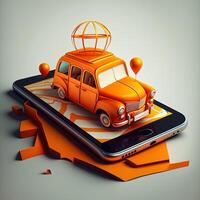 en ligne mobile application Taxi commande un service , Orange Taxi voiture conduite le long de le route à le marqueur sur une intelligent téléphone, sur une ville carte. voiture et Satellite la navigation systèmes concept. génératif ai photo