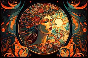 content abstrait astral forme, lune et soleil, art nouveau, expressionnisme. beaucoup et tarot carte inspiré, fort couleur. génératif ai photo