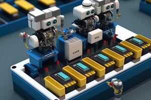 intérieur de industrie usine, robot Assemblée ligne avec électrique voiture batterie cellules module sur plateforme. génératif ai photo