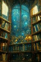 intérieur de la magie bibliothèque, ornemental verre fenêtre, brisé d'or nébuleuse, brisé cristaux. génératif ai image de une coloré bibliothèque de la magie, avec une grand coloré verre coloré fenêtre photo