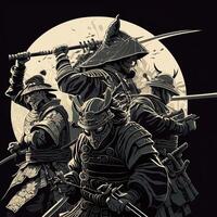 samouraï guerrier avec katana épée. ronin samouraï contre cinq ennemi entouré à propos à lutte, bande dessinée style génératif ai photo