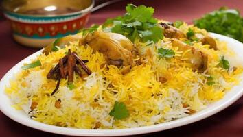 une assiette de biryani avec une bouquet de nourriture sur il, ai génératif photo