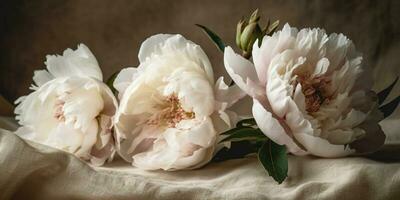 une rustique pivoine bannière avec doux rose et blanc fleurit sur une Naturel lin Contexte photo