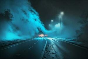 asphalte bleu foncé rue avec fumée. vide foncé scène avec néon Rayons de lumière, projecteurs lumière ai généré photo