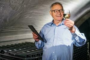 portrait de Sénior homme qui possède vignoble. il est examiner qualité dans le sien du vin cave. industrie du vin fabrication concept. photo