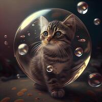 mignonne tigré chaton séance à l'intérieur une verre sphère avec bulles., ai génératif image photo