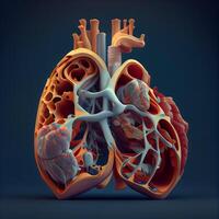 Humain cœur anatomie. 3d rendre illustration isolé sur foncé arrière-plan., ai génératif image photo