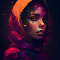 portrait de une magnifique femme avec une coloré faire en haut., ai génératif image photo