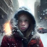 une portrait de une Jeune femme dans une encapuchonné veste permanent dans une neigeux rue., ai génératif image photo