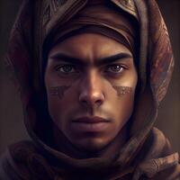 portrait de une Jeune musulman homme avec une visage peint avec pétrole peindre., ai génératif image photo