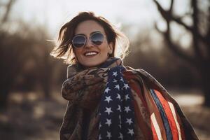 une magnifique Jeune femme enveloppé dans un américain drapeau sur sa cou dans le champ. ai génératif photo