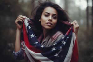 une magnifique Jeune femme enveloppé dans un américain drapeau sur sa cou dans le champ. ai génératif photo