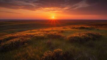 le coucher du soleil sur le horizon plus de une vaste paysage, les prairies nationale parc, val Marie, Saskatchewan, Canada, génératif ai photo