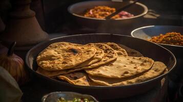 Indien rue nourriture- entier blé chapati ou chapathi avec légume curry, génératif ai photo