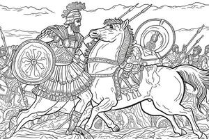 médiéval bataille scène avec cavalerie et infanterie. noir et blanc vecteur illustration.coloriage livre page.generative ai photo