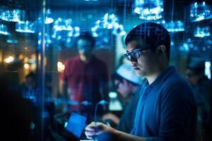 une homme dans une bleu chemise est en utilisant une portable établi avec génératif ai La technologie photo