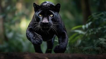 gracieux saut, noir panthère dans le jungle. génératif ai photo