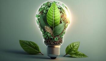 éco amical ampoule de Frais feuilles Haut vie, concept de renouvelable énergie et durable vie, établi avec génératif ai La technologie photo