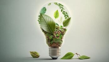 éco amical ampoule de Frais feuilles Haut vie, concept de renouvelable énergie et durable vie, établi avec génératif ai La technologie photo