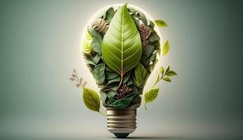 éco amical ampoule de Frais feuilles Haut vie, concept de renouvelable énergie et durable vie, établi avec génératif ai La technologie photo