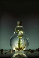 génératif ai contenu, terre journée. fleur dans une lumière ampoule sur une foncé Contexte. concept de énergie économie. photo