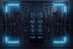 futuriste biomécanique scifi texture mur panneau avec câbles et bleu leds. ai généré photo