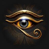 génératif ai le d'or œil de horus avec d'or effet sur noir arrière-plan, représentation de le solaire œil ou le œil de ra, symbole de le ancien égyptien Dieu de le Soleil photo