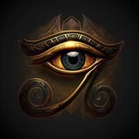 génératif ai le d'or œil de horus avec d'or effet sur noir arrière-plan, représentation de le solaire œil ou le œil de ra, symbole de le ancien égyptien Dieu de le Soleil photo