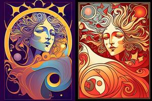 content abstrait astral forme, lune et soleil, art nouveau, expressionnisme. beaucoup et tarot carte inspiré, fort couleur. génératif ai photo