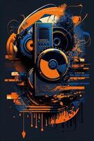 génératif ai Contexte bannière la musique et du son avec certains technologie, Orange et foncé bleu couleur.or la musique Remarques et tripler clef sur ligne vague de du son régler. illustration modèle pour la musique Festival photo