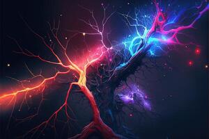 neurones, synapses, brillant couleurs, foudre boulons, étoiles, linkedin couleurs, éclaboussure éléments. cerveau les neurones et électrique signaux, ramification les dendrites, concept. génératif ai photo