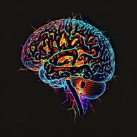 génératif ai cerveau art nft néon et cyberpunk couleur, holographie, cosmique arrière-plan, embrasé numérique cerveau ai intelligence formant numérisé les neurones artificiel intelligence art algorithme. photo