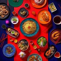 Haut vue de table dîner Chinois. knolling la photographie de chinois dîner Nouveau année , vibrant. vietnamien traditionnel repas dans pays côté. plat poser. photo