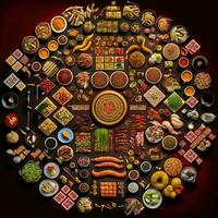 Haut vue de table dîner Chinois. knolling la photographie de chinois dîner Nouveau année , vibrant. vietnamien traditionnel repas dans pays côté. plat poser. photo