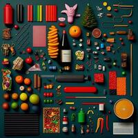 ensemble réaliste Noël objets conception, pin branches, pin cône, décoratif flocon de neige, Noël Balle et confettis, cloches, et vieux montre, knolling la photographie de Noël Provisions , vibrant. plat allonger photo