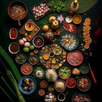 Haut vue de table dîner vietnamien. knolling la photographie de famille dîner Nouveau année , vibrant. vietnamien traditionnel repas dans pays côté. plat poser. photo