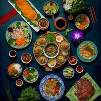 Haut vue de table dîner vietnamien. knolling la photographie de famille dîner Nouveau année , vibrant. vietnamien traditionnel repas dans pays côté. plat poser. photo