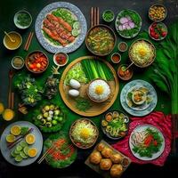 Haut vue de table dîner vietnamien. knolling la photographie de famille dîner Nouveau année , vibrant. vietnamien traditionnel repas dans pays côté. plat poser. photo