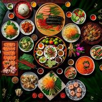 Haut vue de table dîner vietnamien. knolling la photographie de famille dîner Nouveau année , vibrant. vietnamien traditionnel repas dans pays côté. plat poser. photo