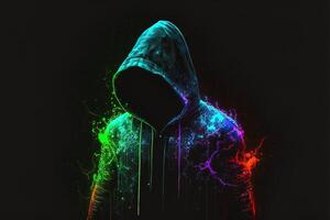 génératif ai double exposition une seul figure dans une sweat à capuche et Puissance boxe, univers entrer en collision avec néon, cyberpunk, holographie, cosmique Contexte. anonyme homme dans une noir sweat à capuche le piratage ordinateur avatar photo