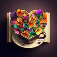 parfait café tasse au dessus le livre, instagram photo, plein décorations pour valentines jour, symétrique, cœurs, des nuages, fleurs et papillon. Valentin salutation carte photo