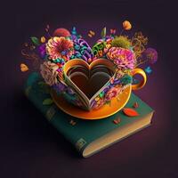 parfait café tasse au dessus le livre, instagram photo, plein décorations pour valentines jour, symétrique, cœurs, des nuages, fleurs et papillon. Valentin salutation carte photo