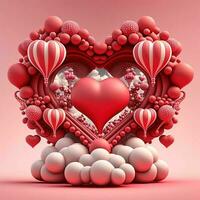 parfait décorations pour valentines jour, symétrique, cœurs et des nuages, rouge, rose, 3d, professionnel studio, super-résolution. Valentin journée concept salutation carte photo