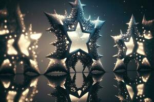 douche de une million pétillant étoile en forme de miroirs de le cieux. brillant Créatif abstrait décoration élément pour fête. or et argent briller étoile avec d'or Cadre sur foncé Contexte. photo